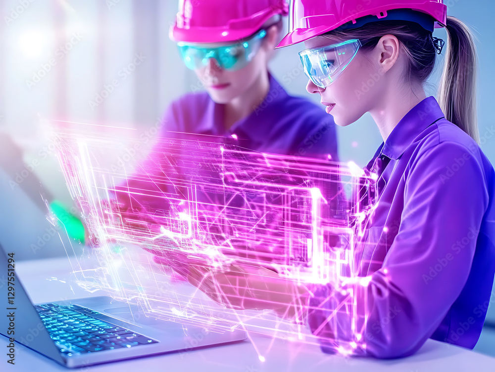 Poster innovative tech collaboration among engineers in modern workspace with digital interfaces and visual