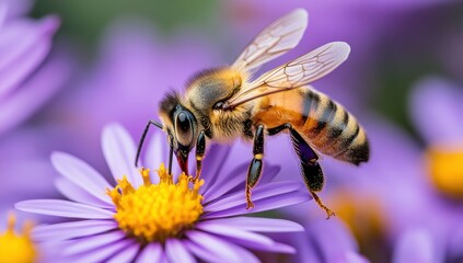 Close-Up of a Honeybee Collecting Nectar from Vibrant Purple Flower with Blurred Background Emphasizing Nature's Beauty and Pollination Importance
