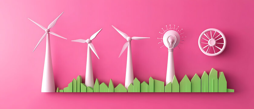 Renewable energy wind turbines and light concepts environmental awareness digital art pink background