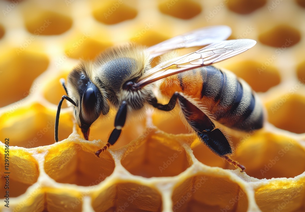Poster Close-up of a Honeybee Collecting Pollen on a Honeycomb Cell Surrounded by Hexagonal Wax Structures in Natural Light