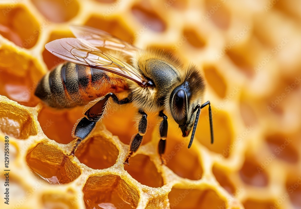 Poster close-up of a honeybee on honeycomb with detailed texture and fascinating features capturing nature'