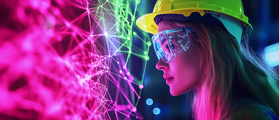 Innovative engineer analyzing data patterns industrial lab digital visualization futuristic environment side view technology concept