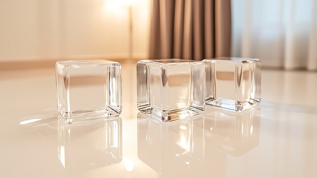 Refreshing clear ice blocks modern interior photography indoor setting close-up view minimalist aesthetic