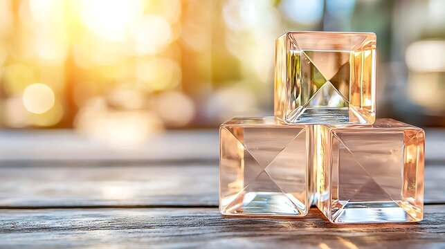 Showcasing transparent crystal cubes on wooden surface natural light still life outdoor ambiance
