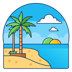 Tropical Beach with Palm Trees and Ocean, A peaceful tropical beach scene featuring palm trees, sand, and a serene ocean view under a bright blue sky.
