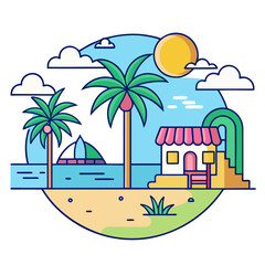Tropical Island with Hut and Boat, A colorful illustration of a tropical island featuring palm trees, a beach hut, a boat, and a bright sun, symbolizing vacation and relaxation.
