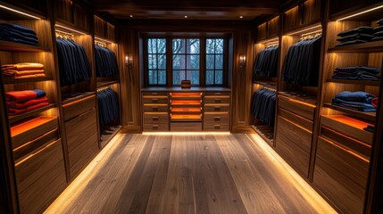 Luxurious Wooden Walk-in Closet with Warm Lighting