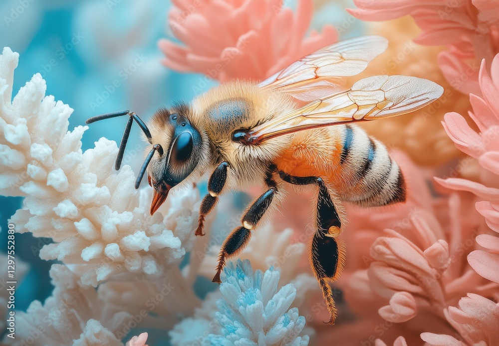 Poster close-up of a honeybee pollinating soft floral background with vibrant colors and textures in a natu