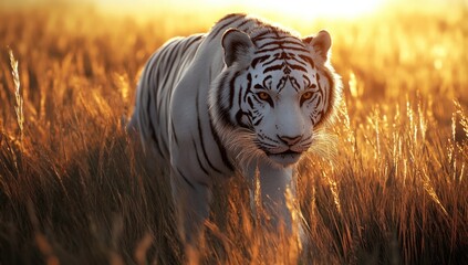 Naklejka premium a rare white tiger prowls the sun-kissed golden meadow adding a touch of wild beauty to nature
