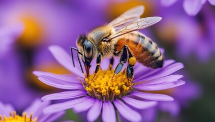 Close-Up of a Honeybee Pollinating Vibrant Purple Flower in Nature's Garden Capturing the Intricacies of Insects and Flora Interaction