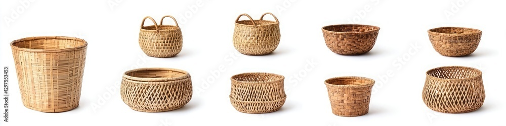 Aufkleber a set of bamboo baskets in different shapes and sizes arranged neatly on a white background