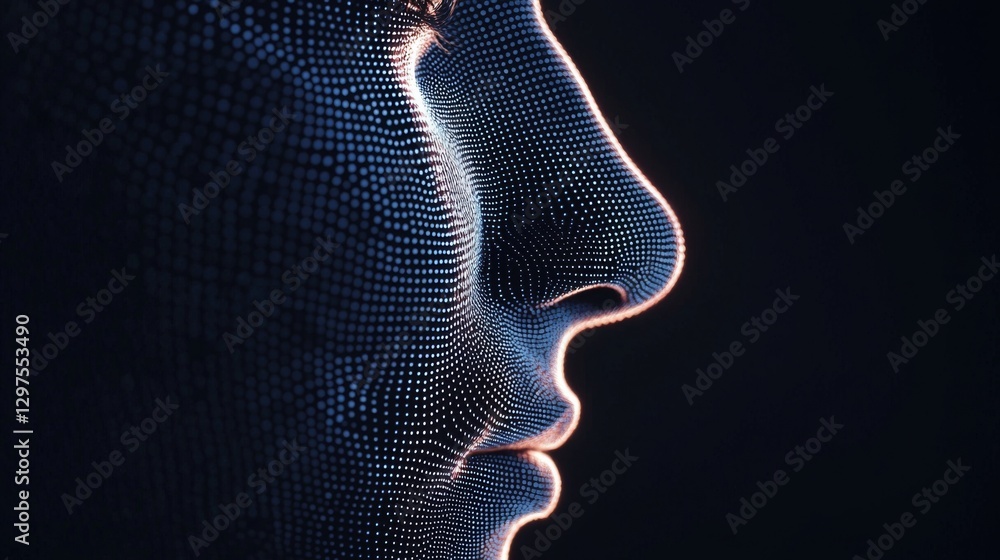 Aufkleber futuristic digital face representation using particles and neon light in dark background for technol
