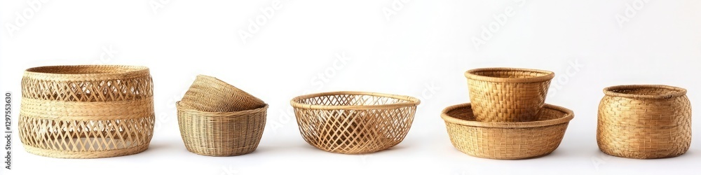Poster a set of bamboo baskets in different shapes and sizes with a white background