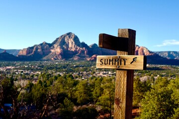 Trail Sign to Summit at Sedona Airport Mesa with Red Rocks at Sunset