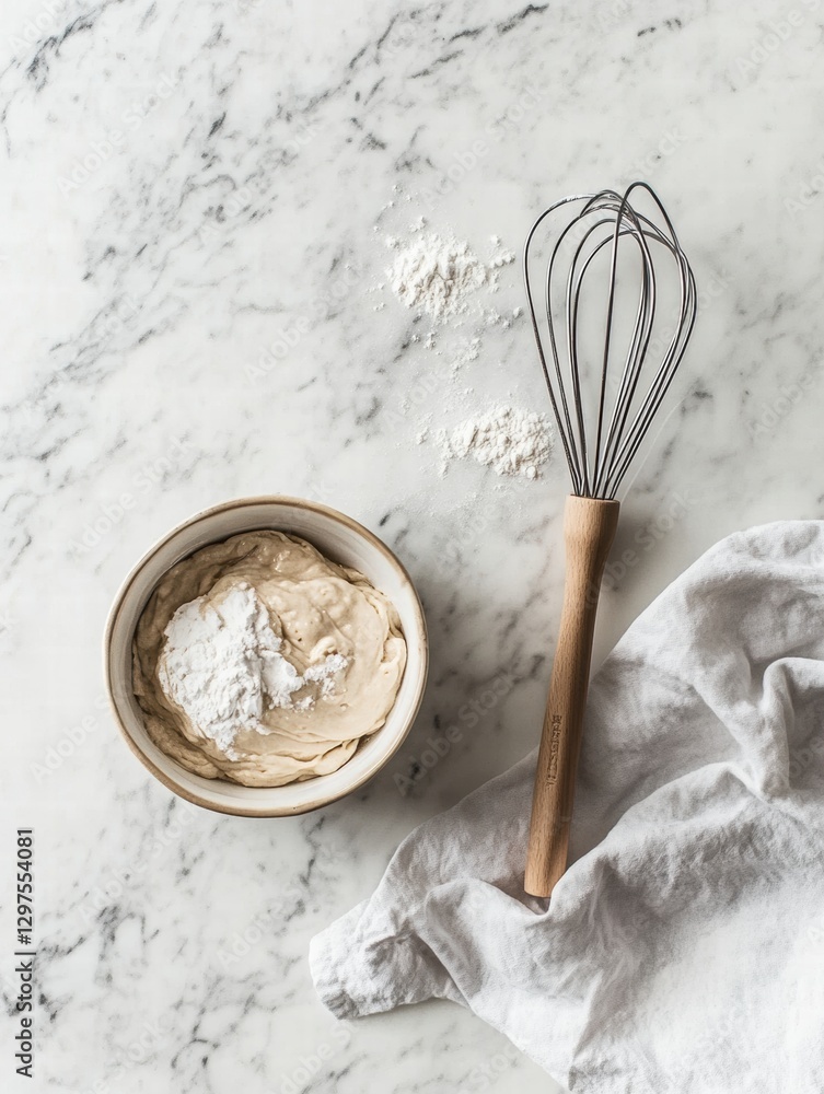 Poster mixing batter in a bowl with flour scattered on a marble countertop. generative ai