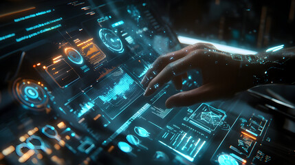 UI with floating digital windows, graphs, and interactive touch controls 