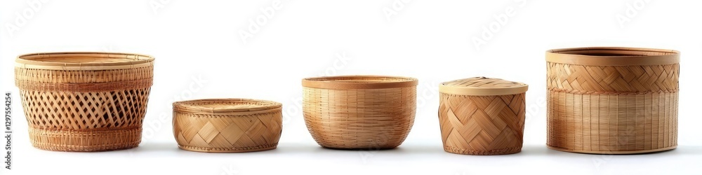 Poster a set of bamboo baskets in different shapes and sizes with a white background