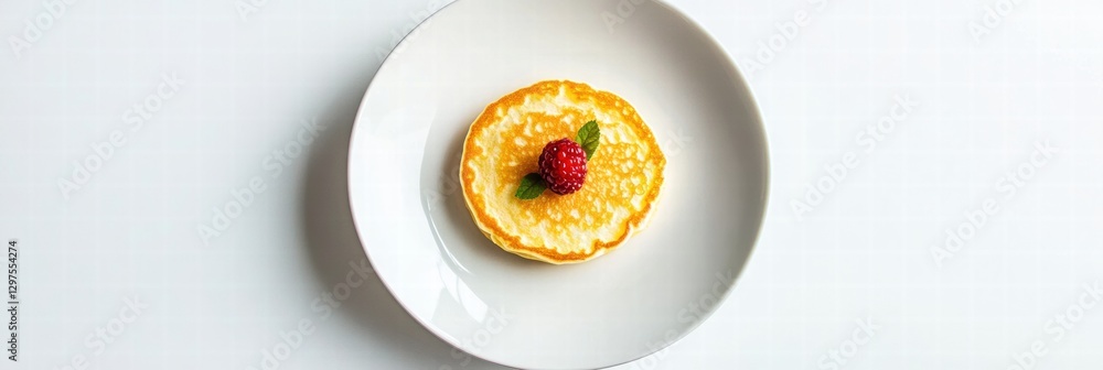 Poster Fluffy pancake topped with raspberry and mint on a white plate served in a cozy breakfast setting. Generative AI