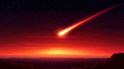 A vibrant sunset sky with a bright meteor streaking across, illuminating the horizon, surrounded by twinkling stars.