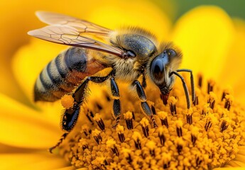 Fototapeta premium Close-Up of Bee Pollinating Bright Yellow Flower, Capturing Intricate Details of Insect Wings and Body on Vibrant Floral Background, Nature's Beauty