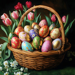 "A Basket Overflowing with Colorful Easter Eggs, Some with Gold Leaf, Others Hand-Painted, Set Against a Background of Blooming Tulips. High Detail Still Life."