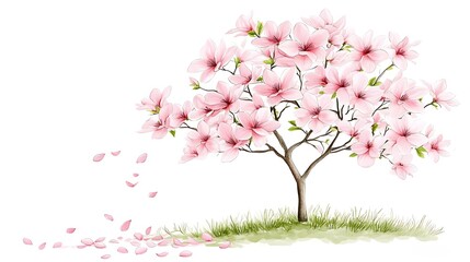 Delicate Pink Magnolia Tree Blossoms with Falling Petals Springtime Floral Illustration