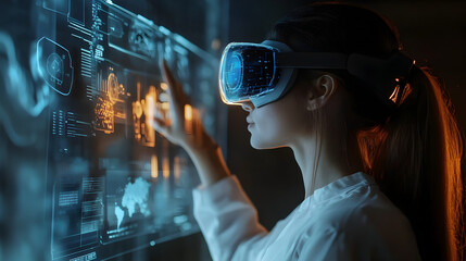 holographic display with floating panels and real-time data interaction 