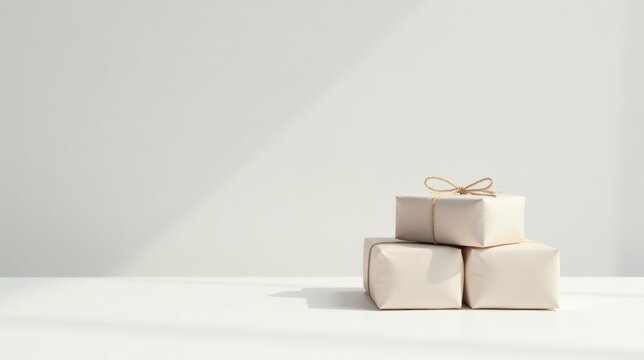 Simple Elegance Three Gently Wrapped Presents Await on a Bright White Surface