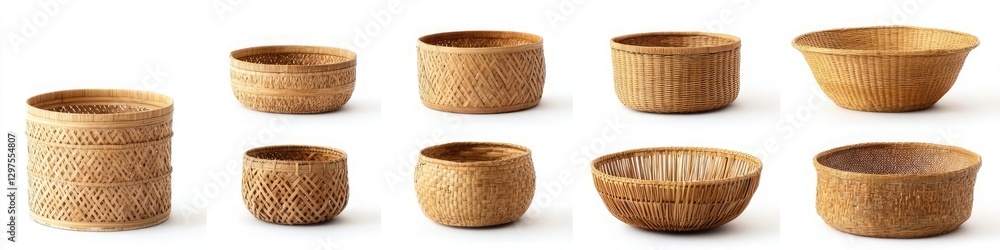 Poster a set of bamboo baskets in different shapes and sizes with a white background