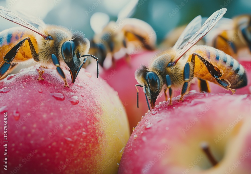 Aufkleber close-up of bees gathering nectar on fresh red apples with raindrops in a colorful orchard setting