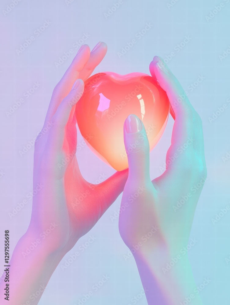 Leinwandbilder hands holding a glowing heart shaped object against a soft pastel background during a creative light