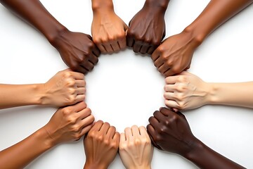 Symbolic top-down view of diverse hands forming a unity circle, representing teamwork, inclusion, and collaboration  
