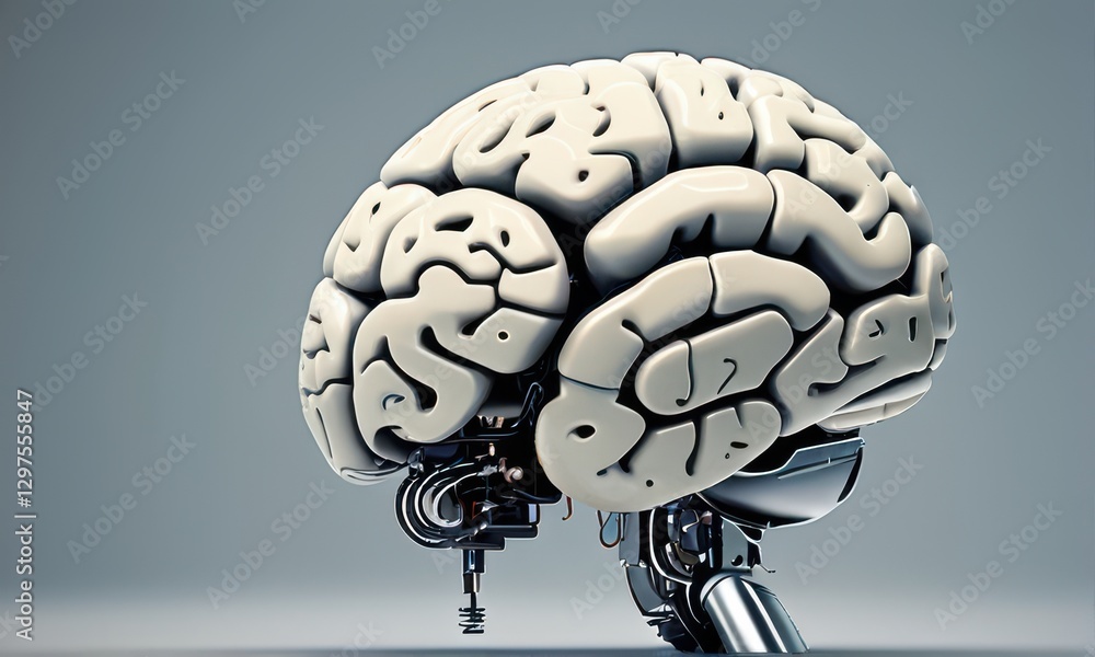 Poster robotic brain model detailed 3d rendering of an off white and metallic artificial brain on gray