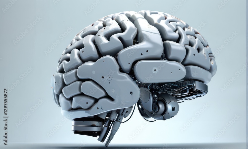 Poster robotic brain 3d render grey mechanical artificial intelligence concept
