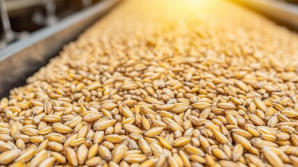 Obraz premium Close-Up of Barley Grains on Production Line for Beer Brewing Process in a Brightly Lit Brewery Environment