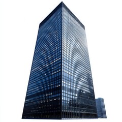 Fototapeta premium Modern Glass Skyscraper With Dark Blue Facade Against White Backgrounds And Small Building On The