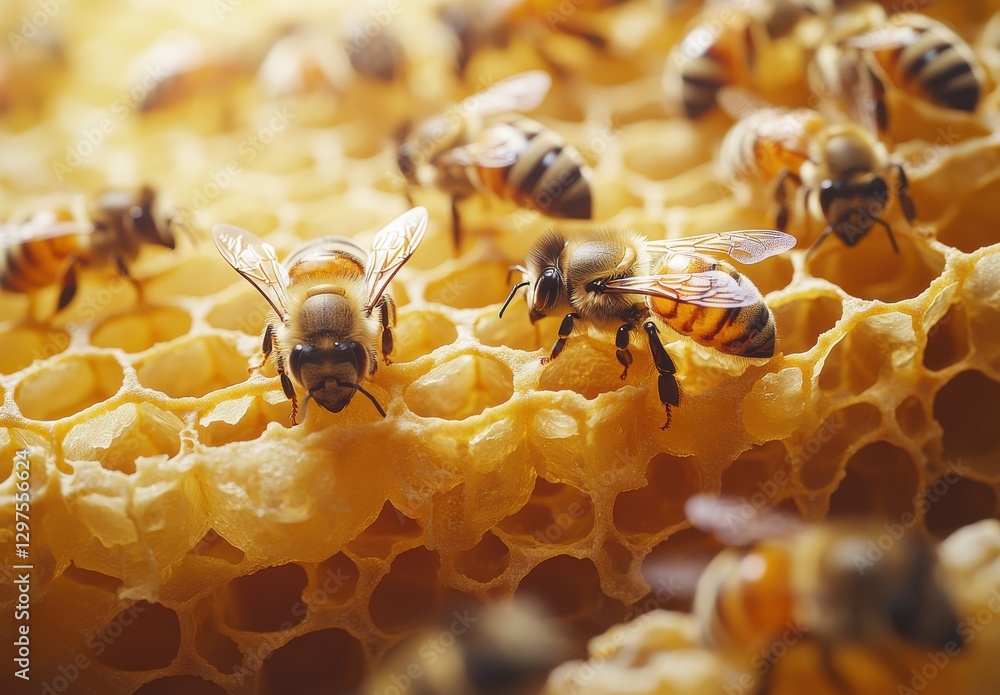 Poster close-up of busy honey bees gathering pollen on a honeycomb with intricate hexagonal structure and s