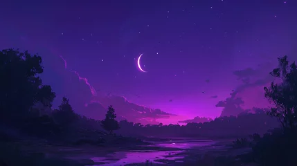 Gardinen A scenic crescent moon shines over a still purple landscape © Pixel-Tropic