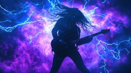 Silhouette of long-haired male metal guitarist playing electric guitar, he is surrounded by blue and purple lightning showing the concept of confidence, energy, and mentality on stage