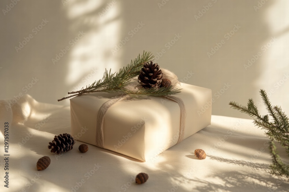 Aufkleber rustic gift wrapped with natural elements, decorated with pinecones and greenery under soft lighting