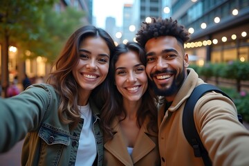 Fototapeta premium Cheerful multicultural friends taking a selfie together in an urban outdoor setting with modern cityscape and greenery 