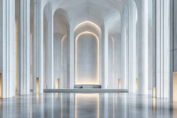 Naklejka premium Modern Minimalist White Hall Interior Architecture with Arched Ceilings and Subtle Lighting with