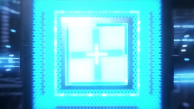 Technology chip startup animation, motherboard circuit current, memory storage chip unit. Digital pulses and signals from the chip propagate through the motherboard, 3d rendering.
