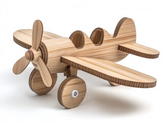 Wooden toy airplane model on white background. Light brown wood construction, propeller, and simple design.  Studio lighting, close up view