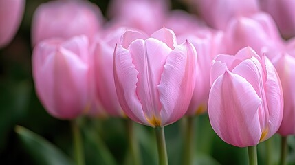 Fototapeta premium Pink tulips blooming in a garden during a bright spring day with soft bokeh background.