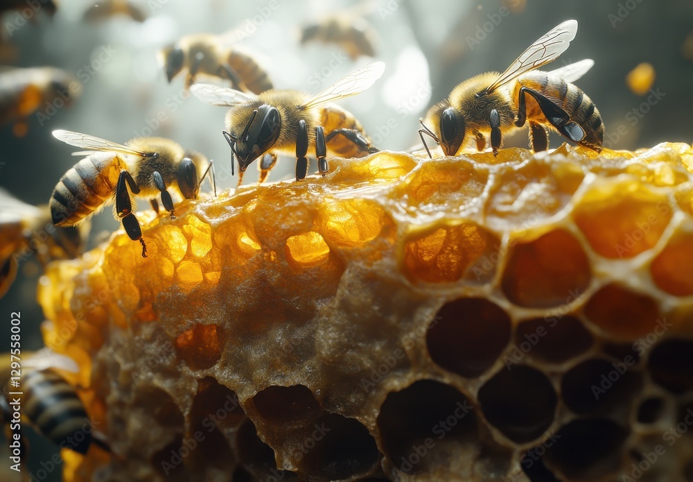 Poster close-up of honey bees collecting nectar on honeycomb in soft focus with natural lighting and a drea