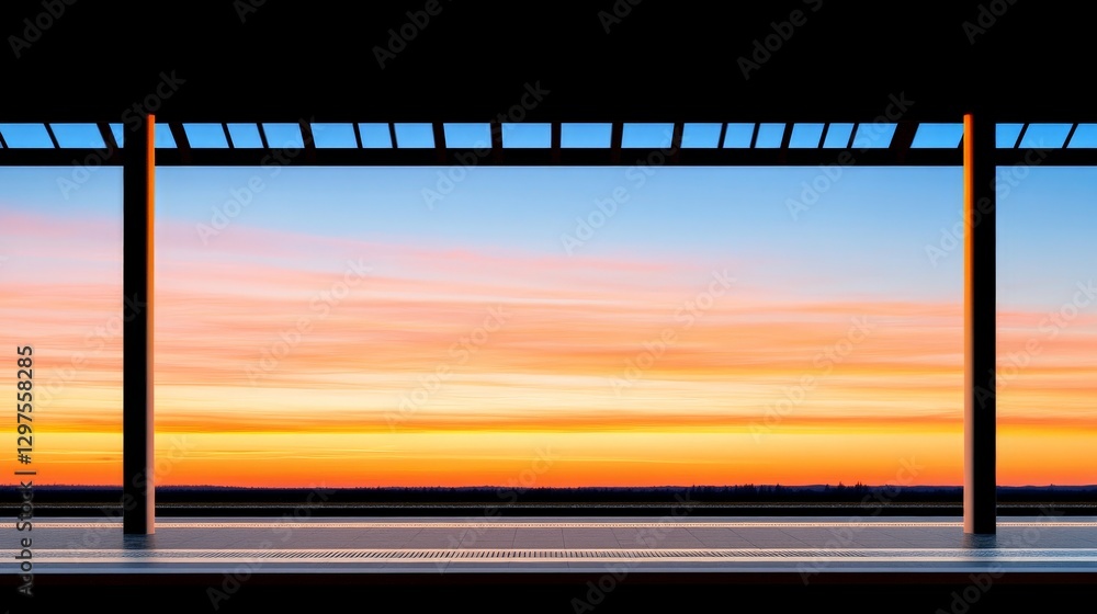 Poster scenic railway platform at sunrise with glowing warm sky and silhouetted metal structure creating a 