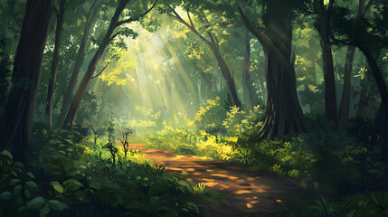 Obraz premium lush green forest with sunlight filtering through the tall trees and casting dappled shadows on the forest floor 