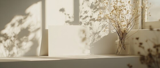 Design a serene scene featuring a blank white note card placed beside an elegant bouquet of dried flowers in a clear vase, positioned near a window with a soft white ledge, creating a peaceful