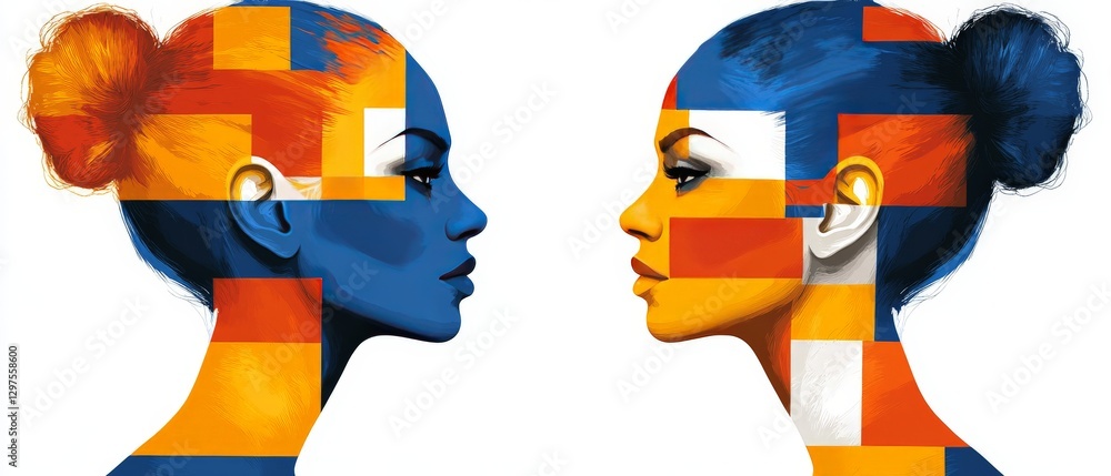 Poster conceptual digital art of two women in profile facing each other with abstract geometric patterns vi
